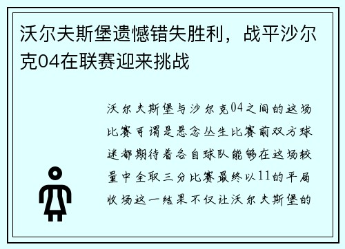 沃尔夫斯堡遗憾错失胜利，战平沙尔克04在联赛迎来挑战